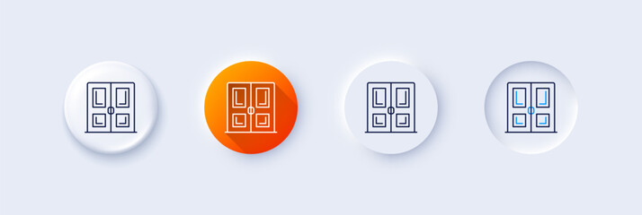 Door line icon. Neumorphic, Orange gradient, 3d pin buttons. Building entrance sign. Exit doorway symbol. Line icons. Neumorphic buttons with outline signs. Vector