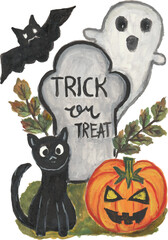 Obraz premium Happy halloween watercolour hand drawn illustration vector clipart