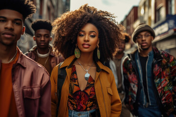 Fototapeta premium A group of young individuals are happily walking down the city street