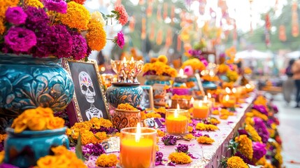 Intricately designed Day of the Dead altar with vibrant flowers, candles, and photographs of loved ones