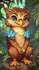 Cute Cartoon Owl with Blue Flowers
