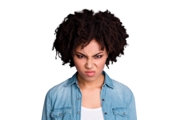 Close up photo attractive lady disappointed frown aggressive offense have quarrel argument dont want communicate rage frustrated irritated dressed denim fashionable clothing isolated argent background