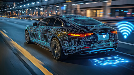 Obraz premium An electric car travels down a bustling city street at night, illuminated by glowing digital designs that signal connectivity and advanced technology