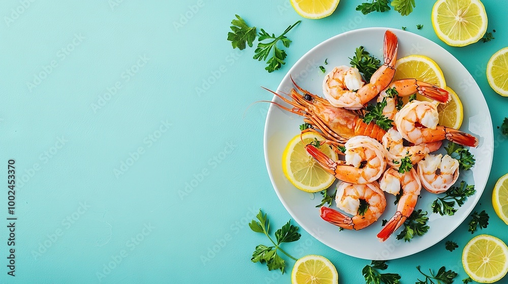 Sticker   Shrimp with lemon and parsley on a blue backdrop