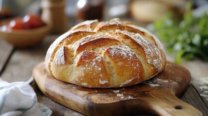   A loaf of bread rests atop a wooden cutting board adjacent to a bowl filled with ripe tomatoes and fresh parsley