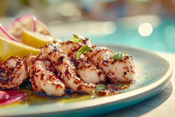 Freshly grilled shrimp garnished with herbs and lemon near a sunlit poolside setting