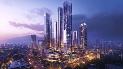 Obraz premium Modern Skyscrapers and Cityscape at Dusk