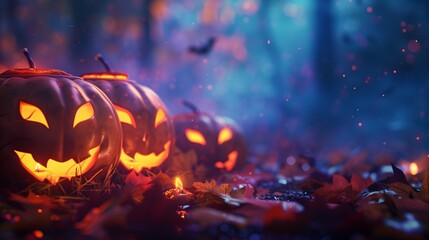 Fototapeta premium Halloween Pumpkins In A Spooky Forest At Night