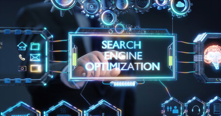 Businessman choosing search engine optimization button on hologram screen