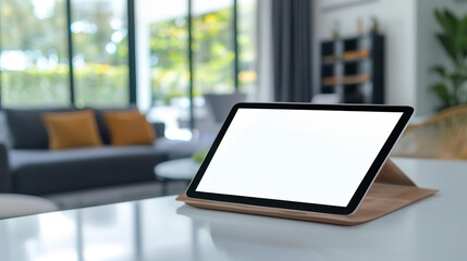 Tablet on table with blurred background,  white screen mockup