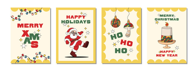 New Year Winter poster set with santa claus retro groovy character, holly branch, tree toys, mushrooms and candle. Merry Christmas greeting card collection. Vector illustration, editable stroke.