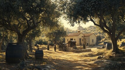 Fototapeta premium Rural Village Scene with Olive Trees and a Stone Building