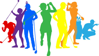 Silhouette golf player set. Active golfers golfing sports people healthy players fitness silhouettes concept.
