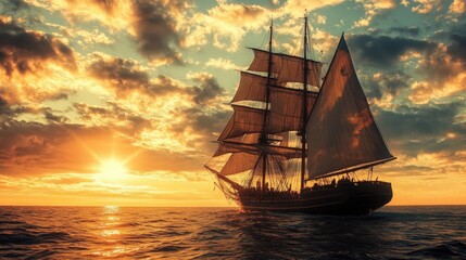 Fototapeta premium Tall Ship Sailing on the Atlantic Ocean: Backlit Sailboat Vessel in Nautical Scene