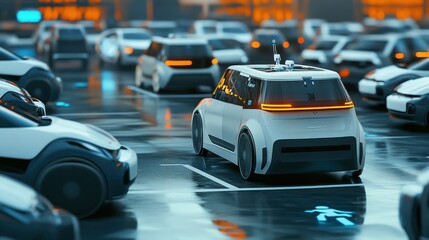 Fototapeta premium A smart city with AI robots managing parking systems, helping drivers find available spots and ensuring smooth traffic flow