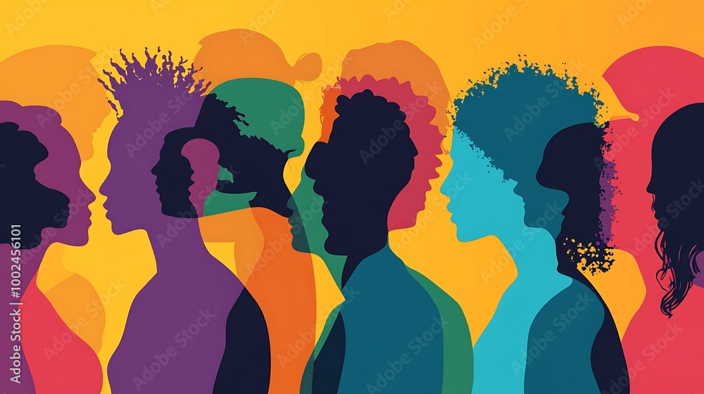 Poster a colorful silhouette of a diverse group of people in profile view.