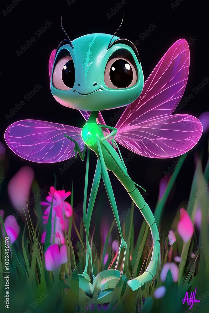 Wall mural Cute Cartoon Dragonfly with Glowing Wings in a Field of Flowers