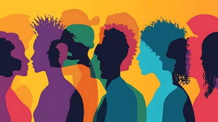 A colorful silhouette of a diverse group of people in profile view.