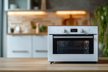 Fototapeta premium A modern countertop oven in a stylish kitchen setup with warm lighting and minimalist decor