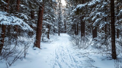 Scenic winter hike through snowy trail. Snowy winter hiking trail through a forest in the mountains