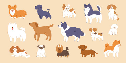 Set of dogs breeds. Vector purebred dogs collection. Different cartoon  puppies bundle.