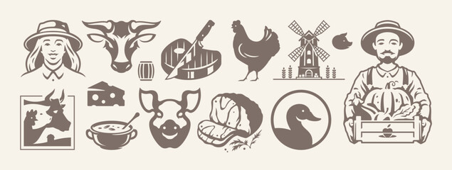 Farm food agriculture production meat and vegetables isolated retro icon set vector flat illustration. Farmers man and woman portrait cattle steak cheese poultry domestic bird animal livestock mill