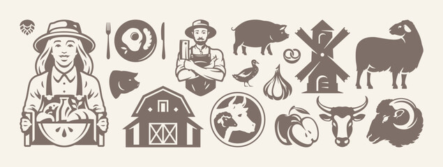Obraz premium Farming agriculture harvest and livestock meat isolated retro detailed icon set vector flat illustration. Woman farmer with vegetable crop and butcher cattle and natural eco food drawing silhouette