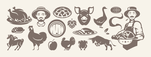 Obraz premium Farm eco food production butchery and bakery retro icon set vector flat illustration. Man farmer with organic meat livestock poultry bull pig horse fruit harvest sausage craft beer turkey silhouette