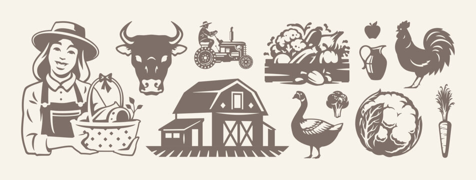Farm agriculture and livestock eco food production retro icon set vector flat illustration. Woman farmer with vegetables crop cattle ranch tractor poultry goose chicken organic cabbage carrot milk