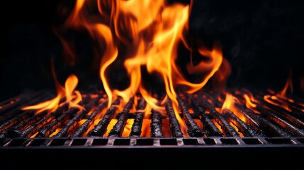 Grill with flames against dark background