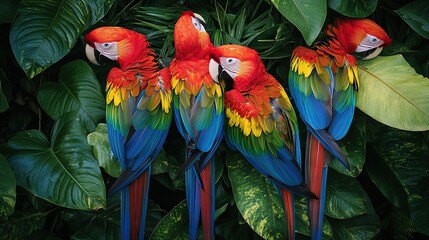 Fototapeta premium A flamboyant group of parrots perches atop a verdant, foliage-laden tree