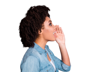 Profile side view of amazed surprised cheerful hipster lady scream shout ads hold hand  share private information wear stylish trendy jeans denim clothing  youth isolated grey background