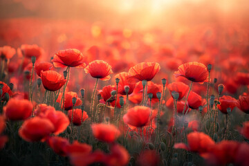 Obraz premium Vibrant red poppy field at sunset showcasing nature's beauty and tranquility in full bloom