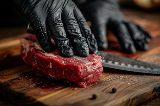 The butcher wearing black gloves cuts the red meat with knife on wooden cutting board.Close-up piece of raw meat with a chef's knife on a dark background. AI generative