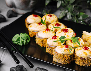 Elegant sushi platter with garnish