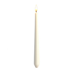 A white candle is lit and stands upright on a white background