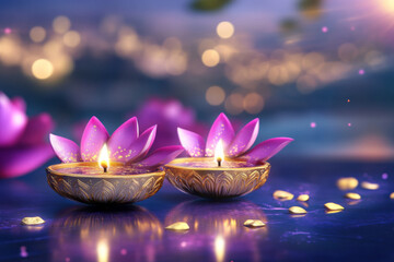 Decorative oil lamps with lotus flowers glowing softly by a tranquil water setting at twilight