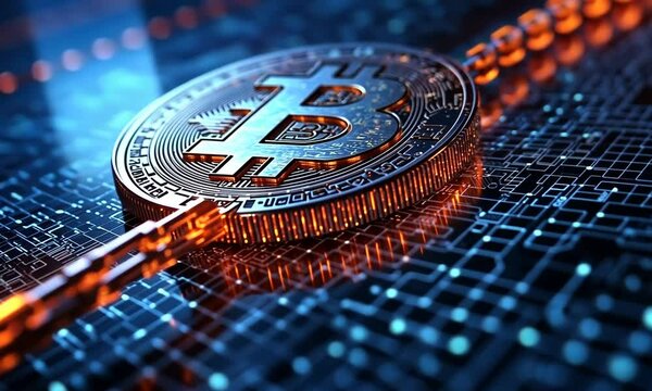 Close-up of a shiny bitcoin coin with a blockchain pattern in the background.