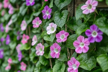 Obraz premium Purple and Pink Flowers Growing on a Green Vine