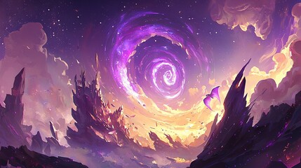 Fototapeta premium Purple swirl in midnight sky, bird flies ahead