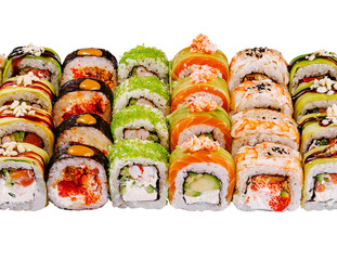 Big sushi set with various kinds of maki rolls isolated on white background