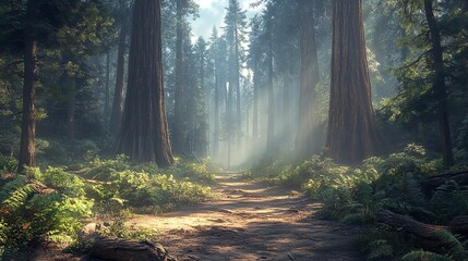 The sunny forest after the rain. Generative AI.