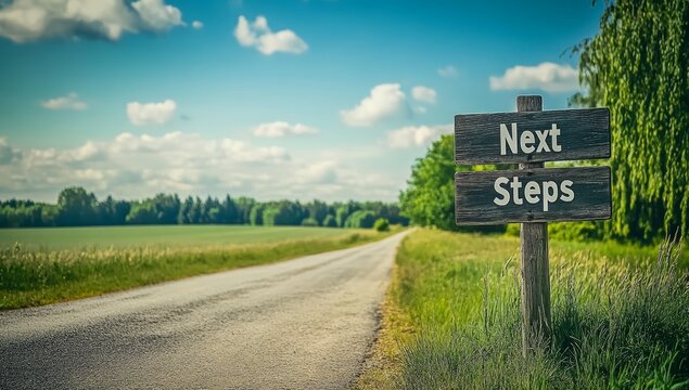 Wooden Next Steps sign with a road backdrop