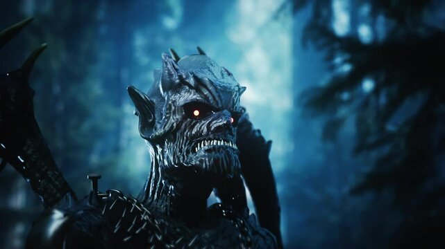 A vampire monster lurks in the dark forest, seeking its next prey under the moonlit sky