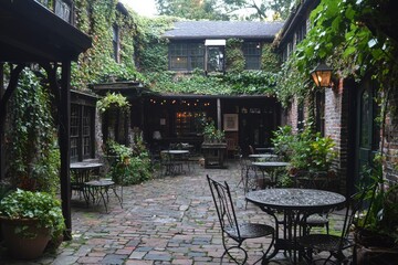 Obraz premium A Brick Courtyard with Tables and Chairs Covered in Vines