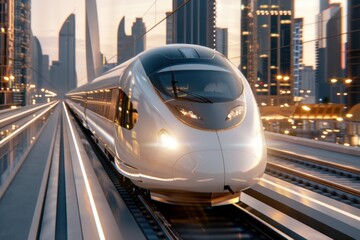 Fototapeta premium High-speed bullet train on elevated track through modern city at sunset.