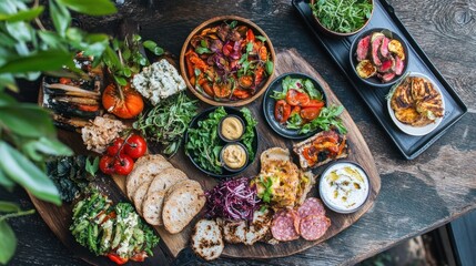 A sustainable food platter with plant-based dishes, focusing on eco-friendly, locally sourced ingredients