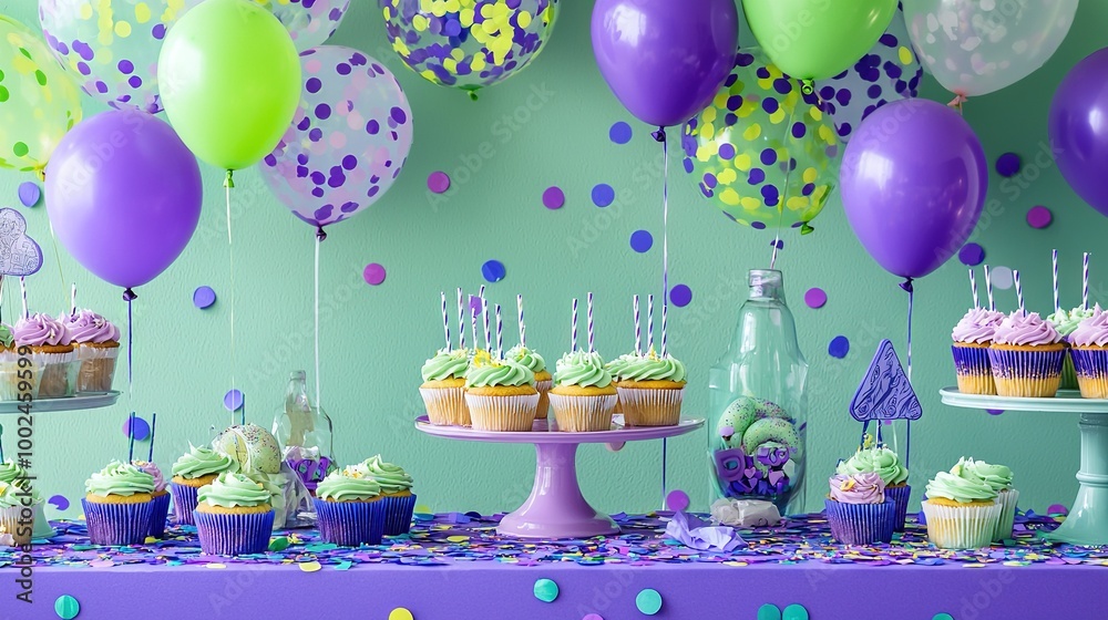 Wall mural   A colorful table is adorned with various cupcakes, some with frosting and others decorated with balloons and confetti