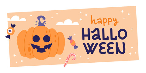 Happy Halloween cover or card design. Hand drawn calligraphy and cute spooky pumpkin. Vector illustration template