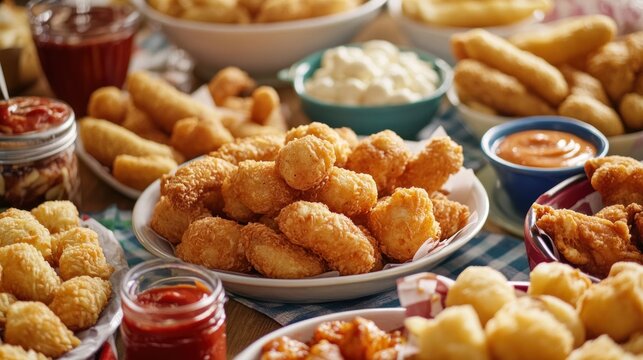 A table filled with deep-fried snacks like mozzarella sticks and battered chicken wings, highlighting indulgence over health